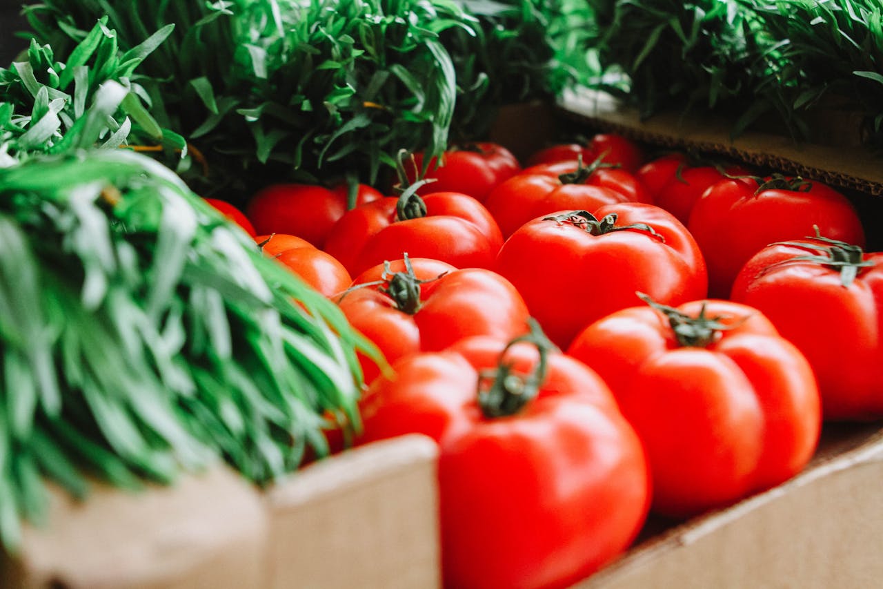 about-01 Vibrant red tomatoes and fresh greens displayed at a London farmer's market, showcasing organic produce.