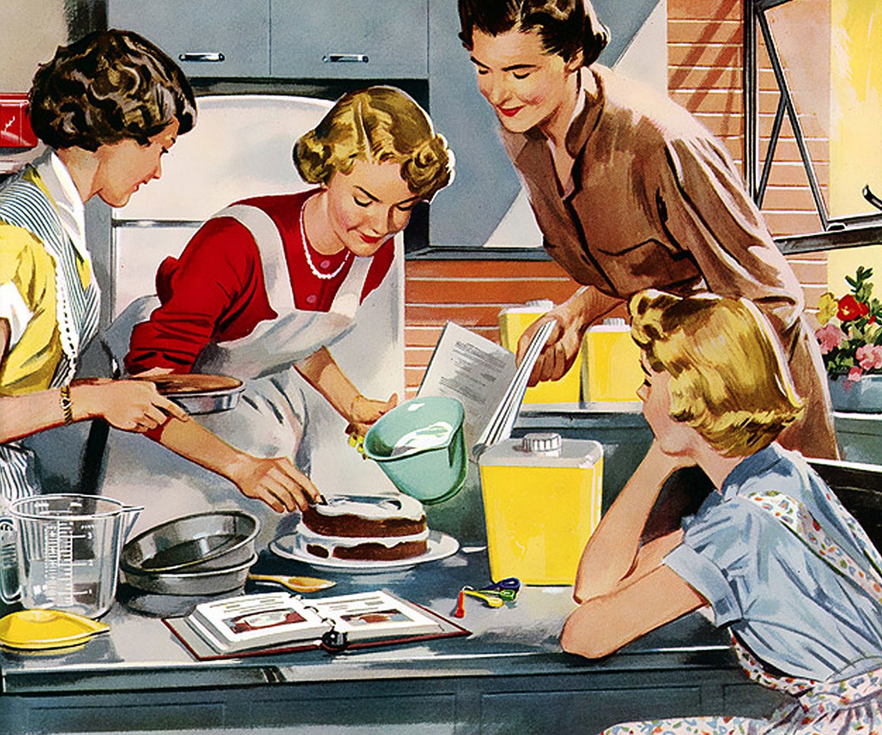 Vintage image of a group of women baking in a kitchen