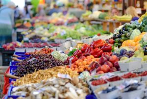 Stalls of colourful fruits and vegetables at the market